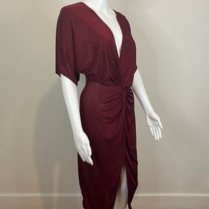 Burgundy Red Front Tie Draped Deep V-Neck Bodice MIDI Dress Size Medium